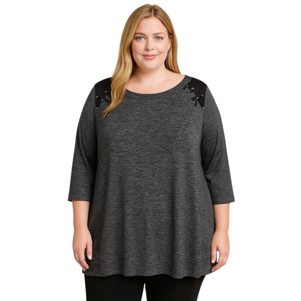 PerSeption Women Gray Knit Tunic Top 2X Lace-Up Shoulder 3/4 Sleeve